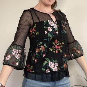 A. Byer Boho Black Sheer Embroidered Bell Sleeve Top  S